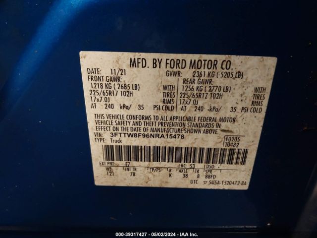 3FTTW8F96NRA15478 Ford Maverick Xlt