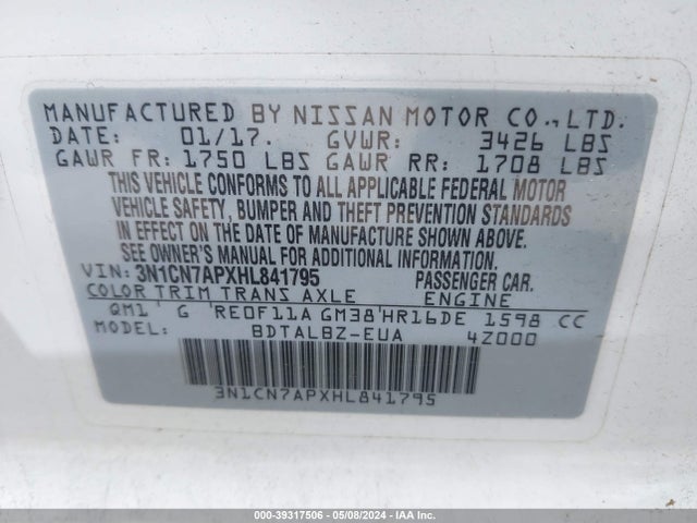 Nissan Versa 1.6 Sv 2017 3N1CN7APXHL841795 Image 9