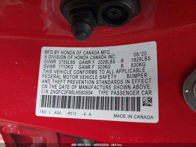 Honda Civic Sport 2020 2HGFC2F86LH580804 Image 9