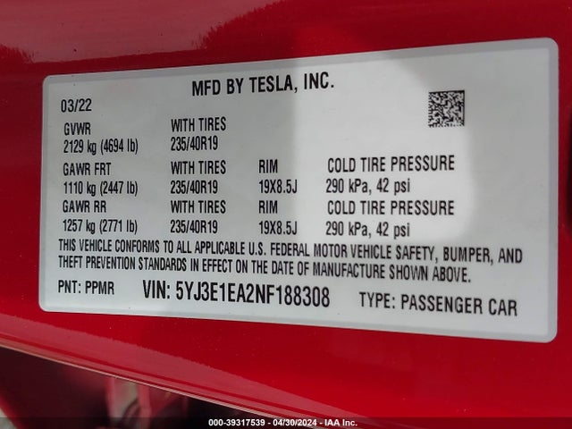 Tesla Model 3 Rear-wheel Drive 2022 5YJ3E1EA2NF188308 Image 9