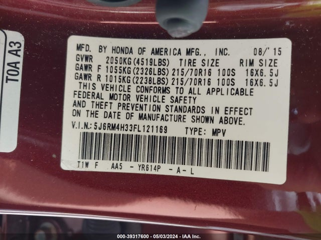 Honda CR-V LX 2015 5J6RM4H33FL121169 Image 9