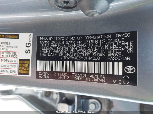 Toyota COROLLA LE 2021 JTDVPMAE5MJ144260 Image 9
