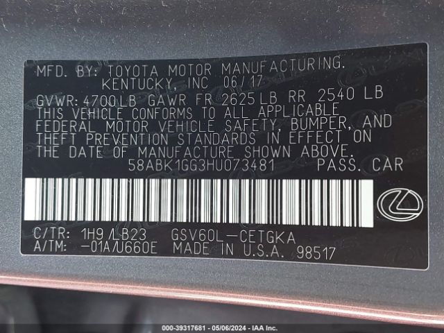 58ABK1GG3HU073481 Lexus ES 350