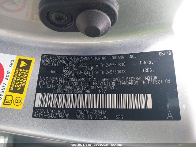 Toyota Highlander Xle 2018 5TDKZRFH9JS546696 Image 9