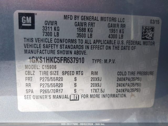 1GKS1HKC5FR637910 GMC Yukon Xl 1500 Slt