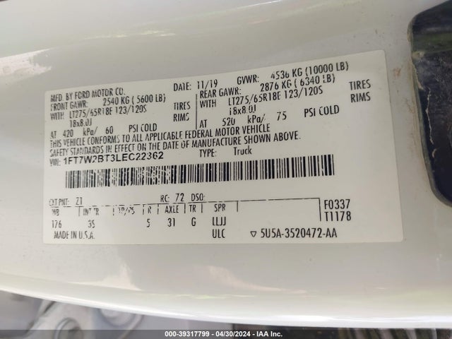 Ford F-250 Xlt 2020 1FT7W2BT3LEC22362 Image 9