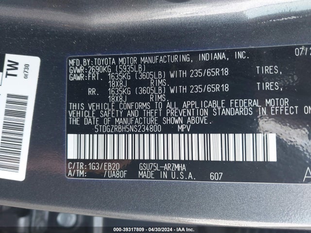 5TDGZRBH5NS234800 Toyota Highlander Xle