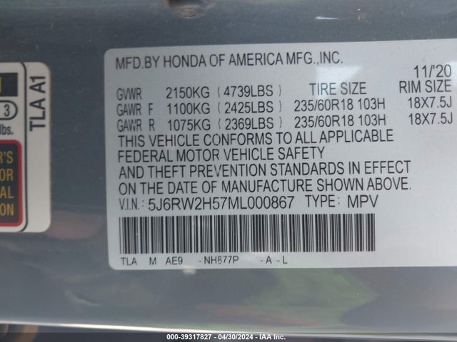 Honda Cr-v Awd Ex 2021 5J6RW2H57ML000867 Image 9