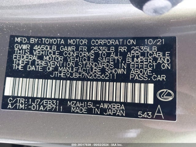 JTHE9JBH7N2056211 Lexus Ux 250h F Sport