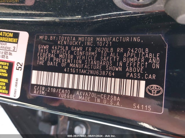 Toyota CAMRY SE 2022 4T1G11AK2NU638764 Image 9
