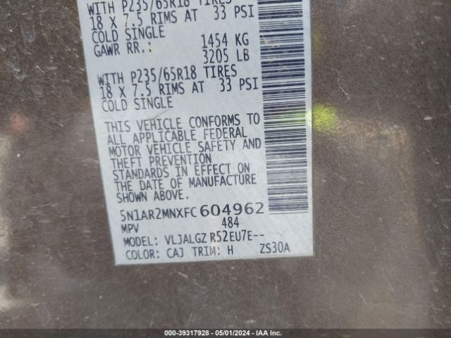 5N1AR2MNXFC604962 Nissan Pathfinder Sl