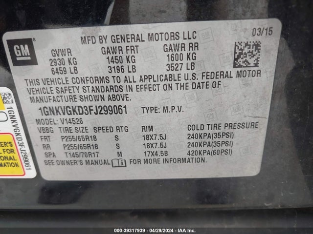 Chevrolet Traverse 1lt 2015 1GNKVGKD3FJ299061 Image 9