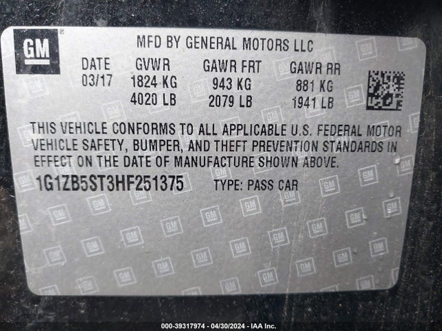 Chevrolet MALIBU LS 2017 1G1ZB5ST3HF251375 Image 9