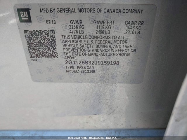 Chevrolet IMPALA 2LZ 2018 2G1125S32J9159198 Image 9
