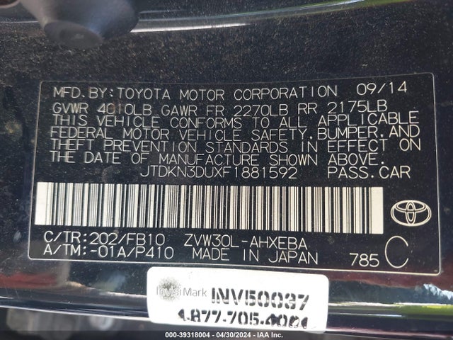 Toyota Prius Two 2015 JTDKN3DUXF1881592 Image 9