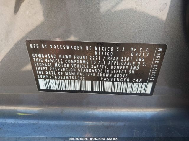 3VWH17AU3JM756332 Volkswagen Golf Alltrack Tsi S/tsi Se/tsi Sel