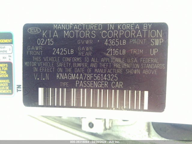 KIA Optima Lx 2015 KNAGM4A78F5614325 Image 9