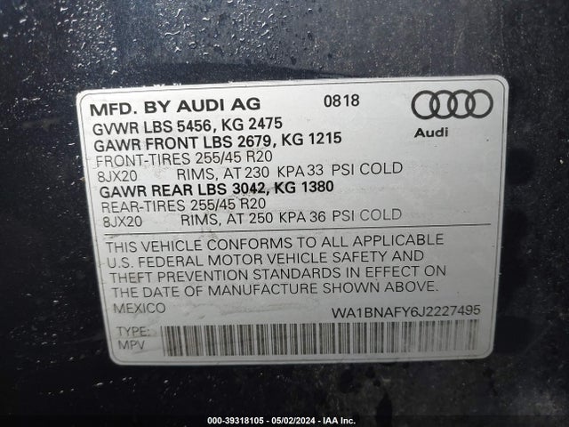 WA1BNAFY6J2227495 Audi Q5 2.0t Premium/2.0t Tech Premium