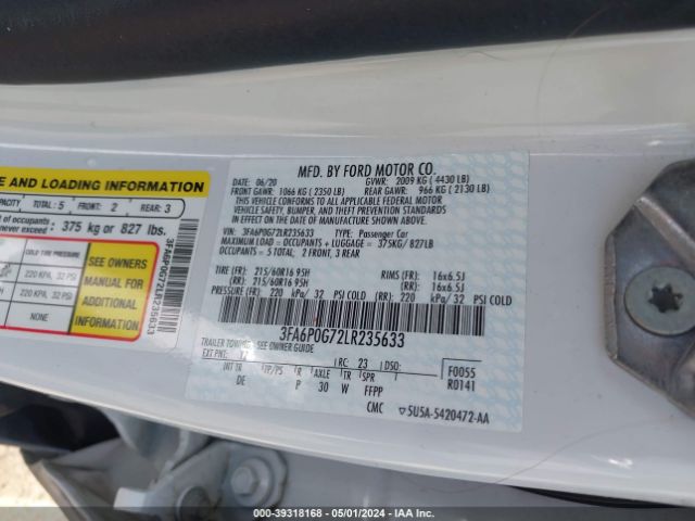3FA6P0G72LR235633 Ford FUSION S