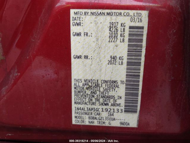 1N4AL3AP1GC192133 Nissan Altima 2.5/2.5 S/2.5 Sl/2.5 Sr/2.5 Sv