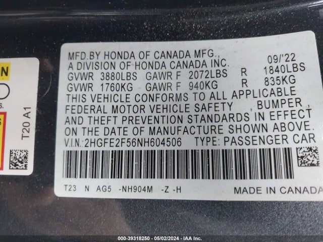 Honda Civic Sport 2022 2HGFE2F56NH604506 Image 9