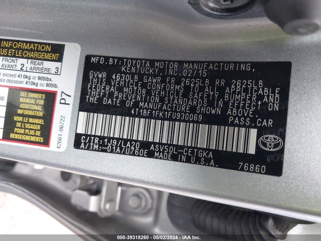 Toyota CAMRY XLE 2015 4T1BF1FK1FU930069 Image 9