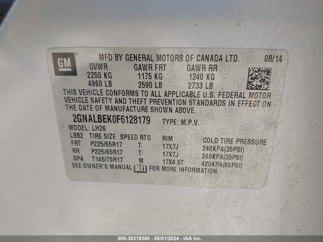 Chevrolet EQUINOX 1LT 2015 2GNALBEK0F6128179 Image 9