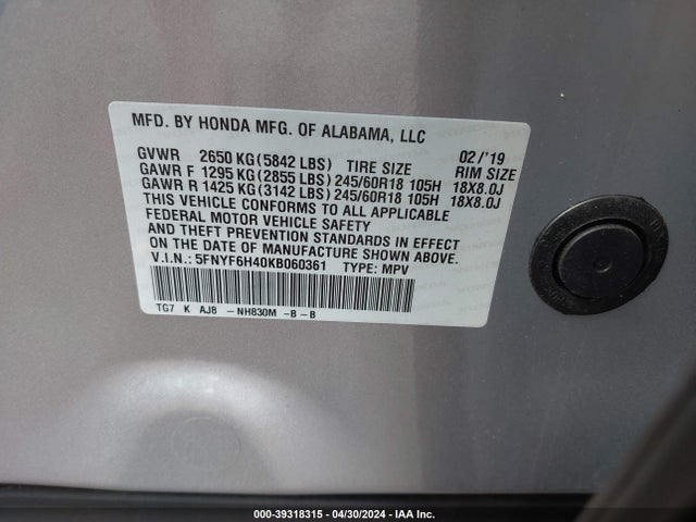 Honda Pilot Ex-l 2019 5FNYF6H40KB060361 Image 9