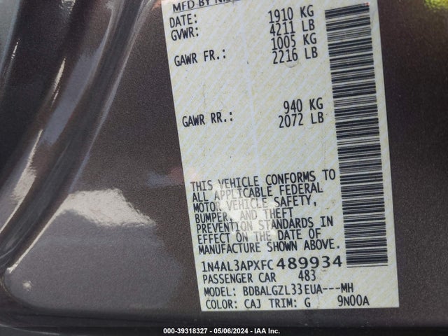 Nissan Altima 2.5 S 2015 1N4AL3APXFC489934 Image 9