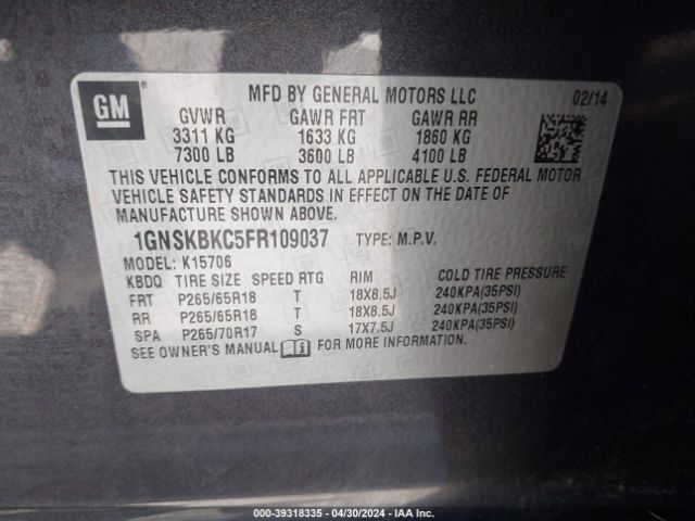 1GNSKBKC5FR109037 Chevrolet Tahoe Lt