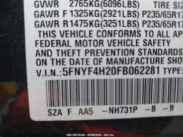 Honda PILOT LX 2015 5FNYF4H20FB062281 Image 17