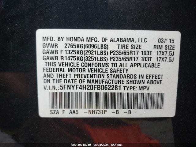 Honda PILOT LX 2015 5FNYF4H20FB062281 Image 9
