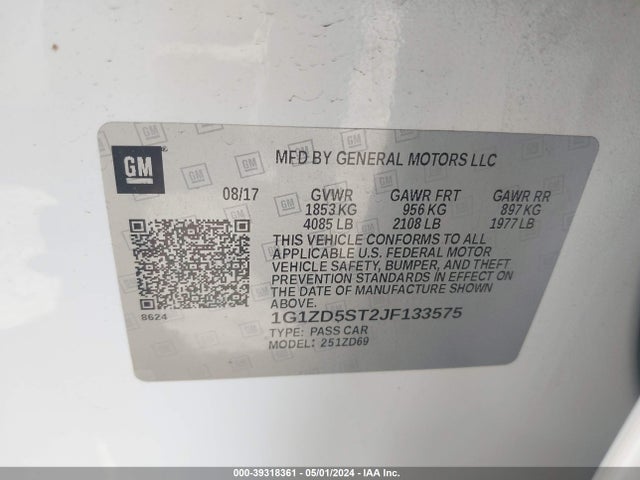 2018 Chevrolet Malibu Lt მანქანა იყიდება აუქციონზე, vin: 1G1ZD5ST2JF133575, აუქციონის ნომერი: 39318361