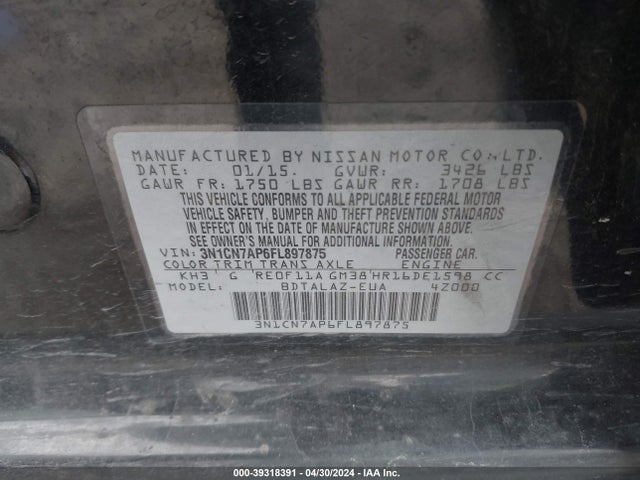 Nissan Versa 1.6 S+ 2015 3N1CN7AP6FL897875 Image 9
