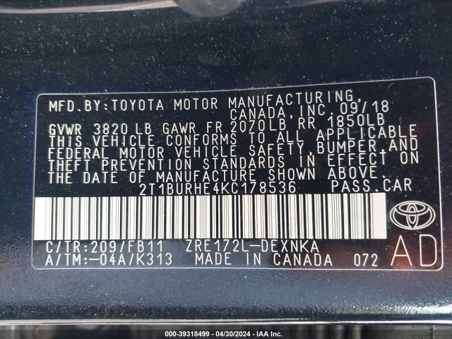 Toyota COROLLA LE 2019 2T1BURHE4KC178536 Image 9