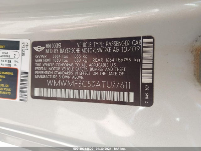 2010 MINI COOPER WMWMF3C53ATU77611 Photo 8