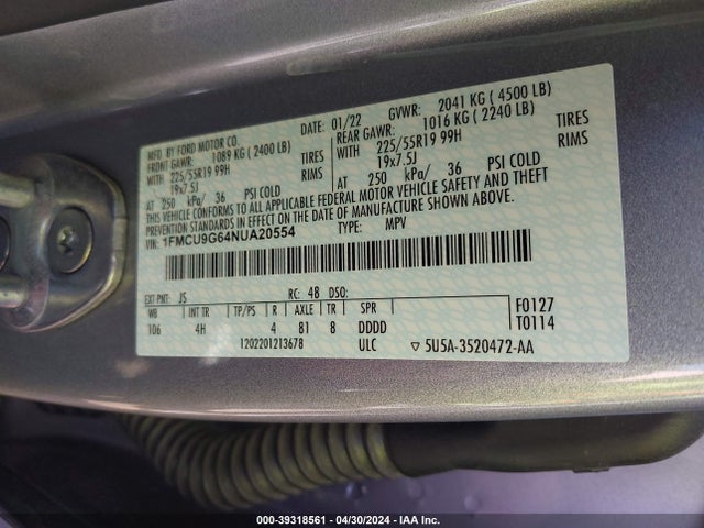 Ford ESCAPE SE 2022 1FMCU9G64NUA20554 Image 9