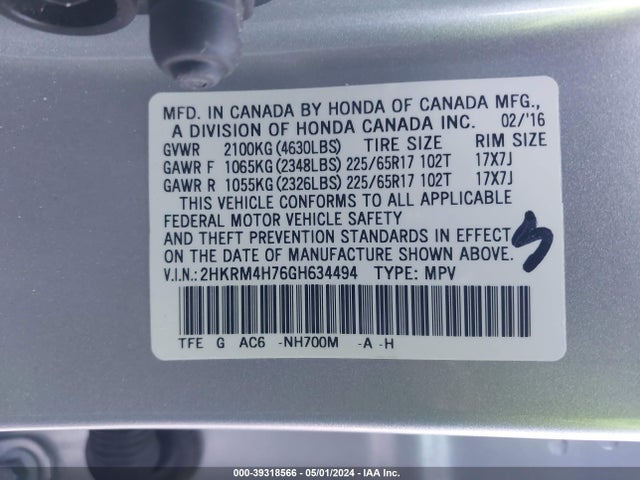 Honda Cr-v Ex-l 2016 2HKRM4H76GH634494 Image 9