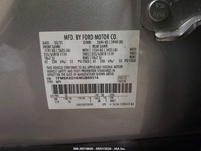 Ford EXPLORER XLT 2021 1FMSK8DH6MGB60314 Image 9