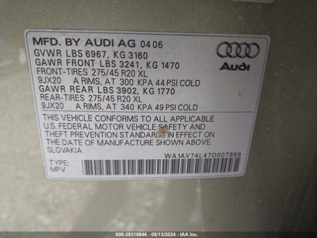 2007 AUDI Q7 WA1AV74L47D007999 Photo 8