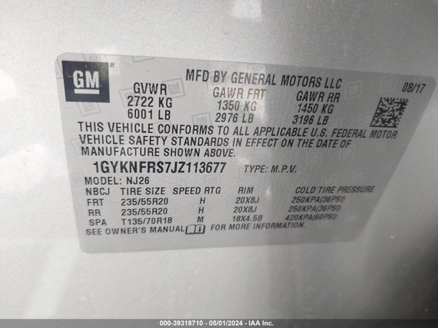 1GYKNFRS7JZ113677 Cadillac Xt5 Premium Luxury