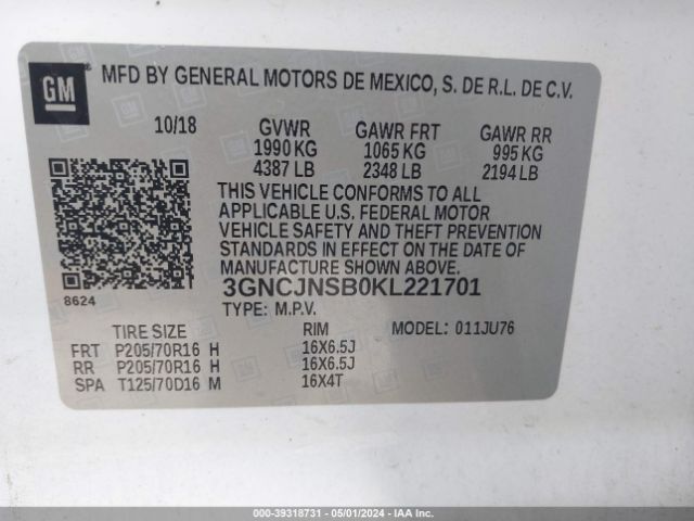 3GNCJNSB0KL221701 Chevrolet TRAX LS
