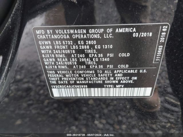 1V2CR2CA0JC562935 Volkswagen Atlas 3.6l V6 Se