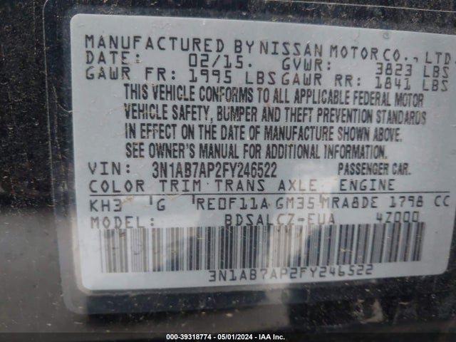 Nissan SENTRA S 2015 3N1AB7AP2FY246522 Image 9