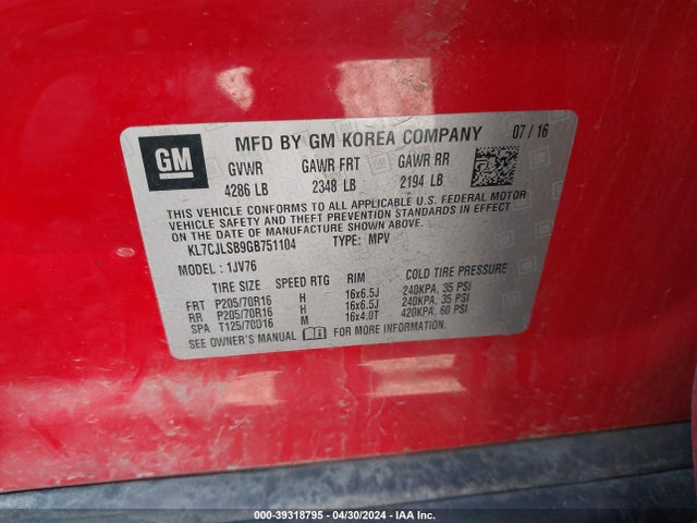 Chevrolet Trax Lt 2016 KL7CJLSB9GB751104 Image 9
