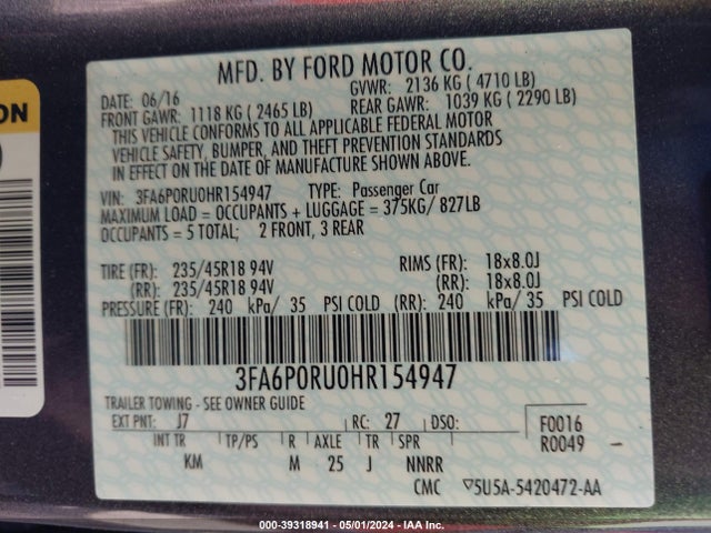 Ford Fusion Hybrid Titanium 2017 3FA6P0RU0HR154947 Image 9