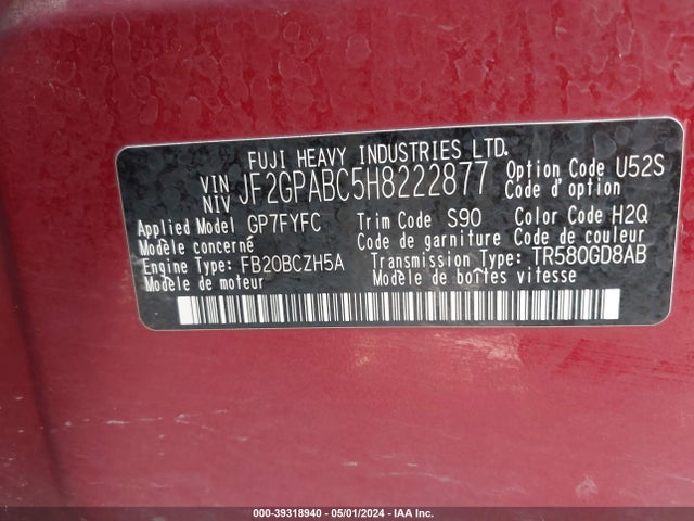 JF2GPABC5H8222877 Subaru Crosstrek 2.0i Premium
