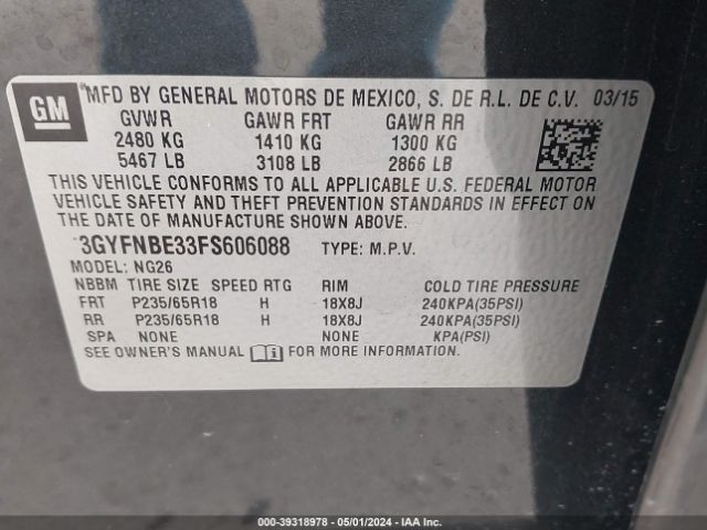 3GYFNBE33FS606088 Cadillac Srx Luxury Collection