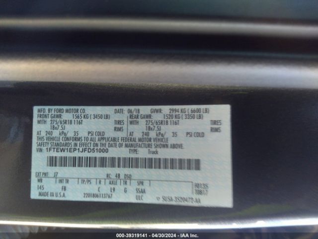 1FTEW1EP1JFD51000 Ford F-150 Xlt