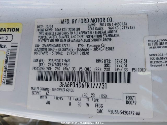 3FA6P0HD6FR177731 Ford FUSION SE